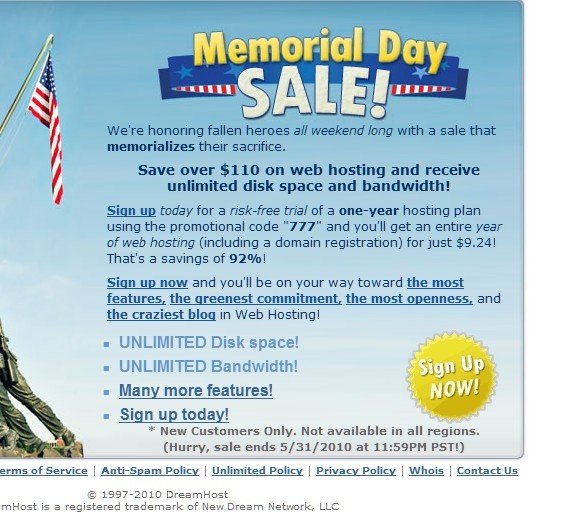 美国Memorial Day（阵亡将士纪念日）dreamhost.com推出777超级优惠码